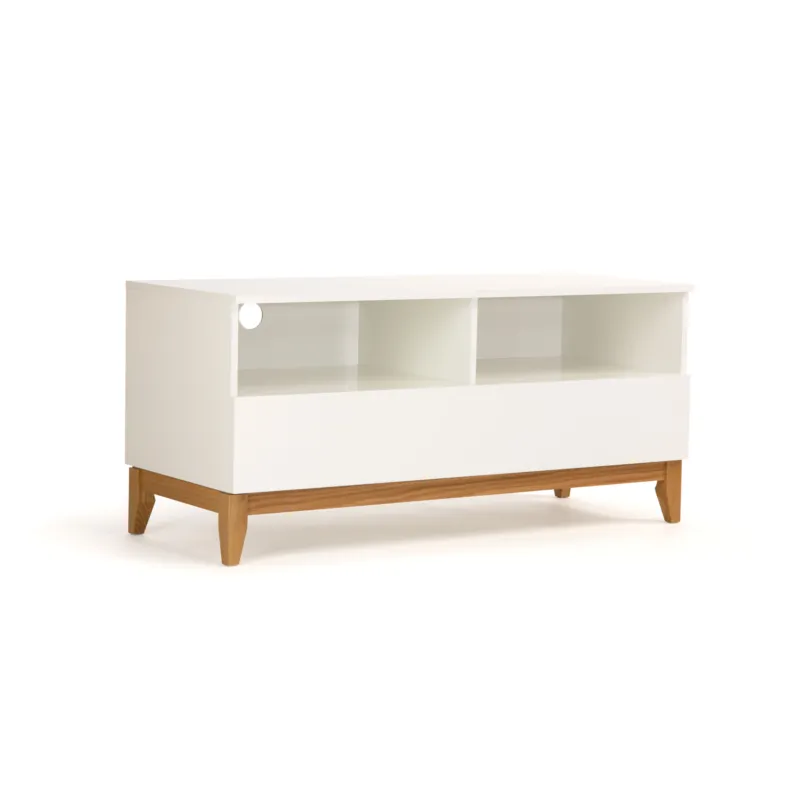 Novità mobile TV grande Blanco in legno ingegnerizzato e massiccio, dimensioni 120 x 48 x h55 cm, peso 33 Kg, finitura bianco, rovere Woodman