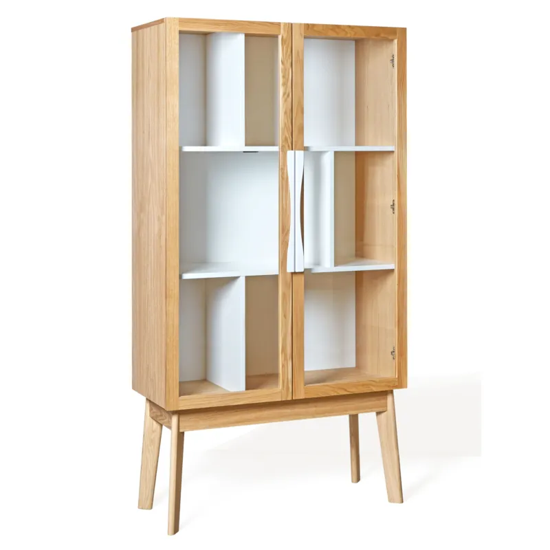 Spedizione Espresso Vetrina Avon bianca in legno ingegnerizzato e solido, vetro, metallo, dimensioni 88 x 40 x h165 cm, peso 55 Kg, finitura rovere, bianco Woodman