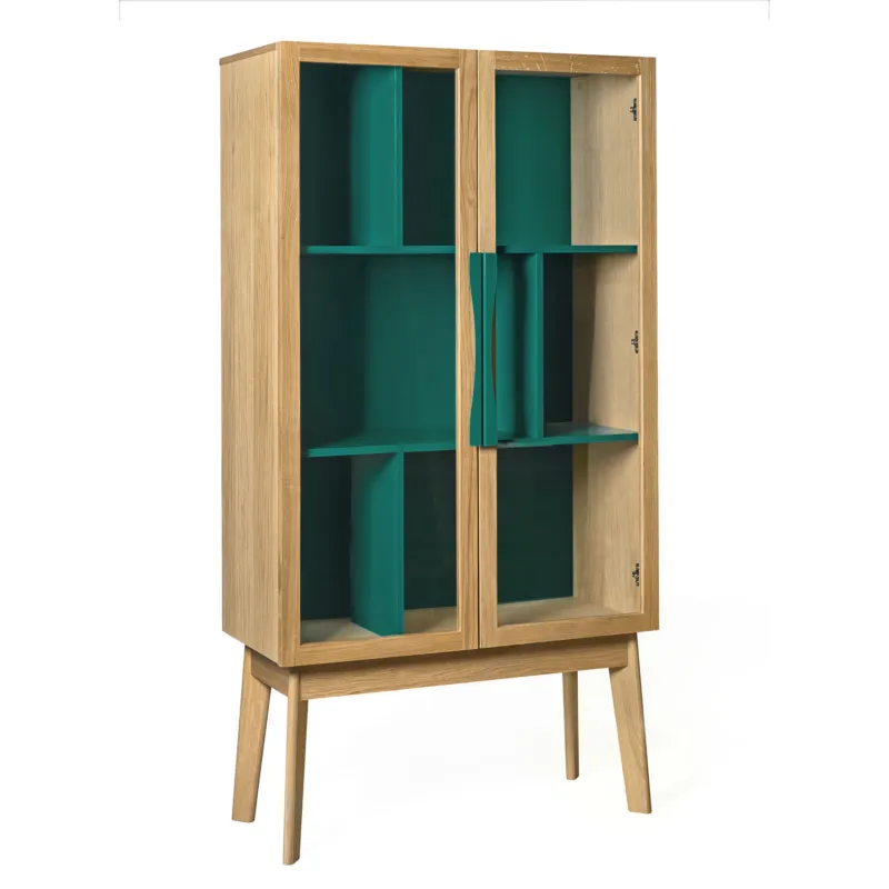 Nuova Collezione Vetrina Avon colorata in legno ingegnerizzato e solido, vetro, metallo, dimensioni 88 x 40 x h165 cm, peso 55 Kg, finitura rovere, verde-blu Woodman