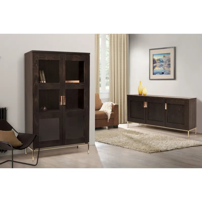 Solo Oggi Armadio Pimlico in legno ingegnerizzato e solido, metallo, vetro, dimensioni 90 x 36 x h148 cm, peso 46 Kg, finitura legno scuro, carbone, ottone Woodman