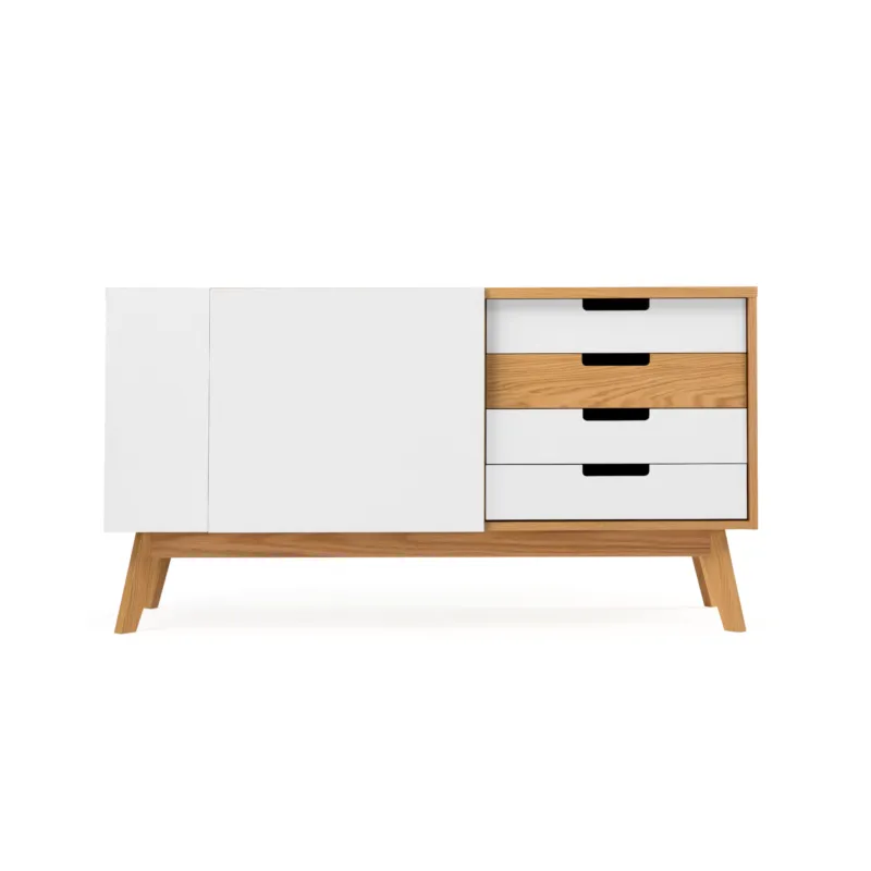 Credenza chaser bianca in legno ingegnerizzato e massiccio, dimensioni 135 x 47 x h71 cm, peso 54 Kg, finitura bianco, rovere Woodman Miglior Prezzo
