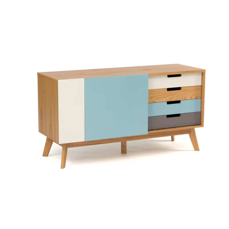 Acquista Ora Credenza chaser quercia in legno ingegnerizzato e massiccio, dimensioni 135 x 47 x h71 cm, peso 56 Kg, finitura rovere, blu, bianco Woodman