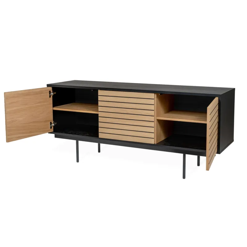 Bestseller Credenza a righe in legno ingegnerizzato e massiccio, acciaio, dimensioni 161 x 45 x h70 cm, peso 37 Kg, finitura Nero , Rovere Woodman