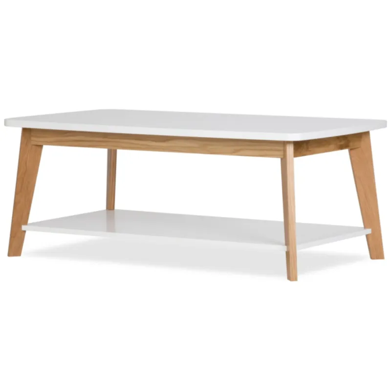 Tavolino Kensal Nordic 450 in legno ingegnerizzato e massiccio, dimensioni 115 x 65 x h45 cm, peso 23 Kg, finitura bianco, rovere Woodman Occasione