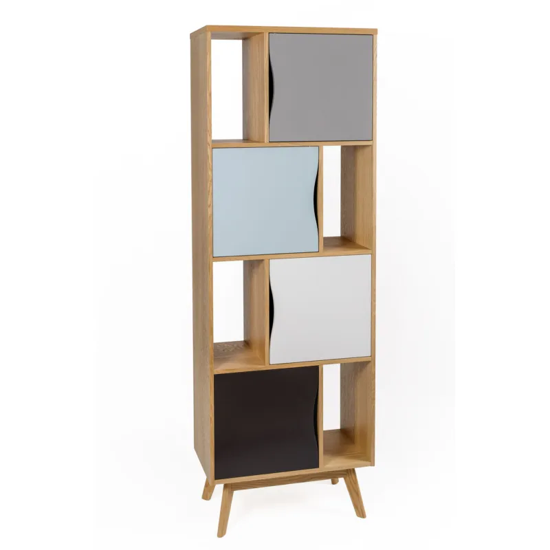 Libreria stretta Avon a stratti in legno ingegnerizzato e massiccio, dimensioni 65 x 35 x h191 cm, peso 40 Kg, finitura rovere, blu, grigio Woodman Promozione