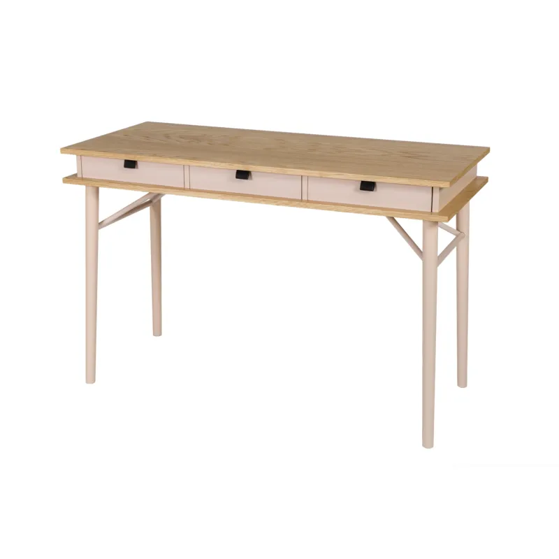 Scrivania Solo in legno ingegnerizzato e massello, lino, pelle, metallo, dimensioni 115 x 50 x h75 cm, peso 21 Kg, finitura rosa cipria, rovere Woodman Ultimissimo Modello