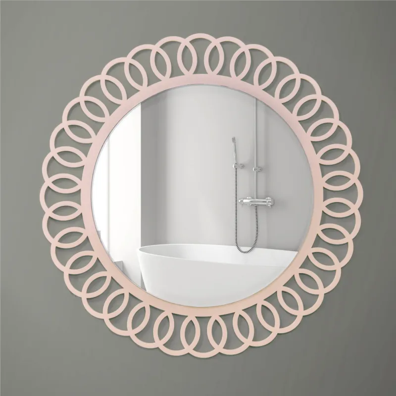 Specchiera da parete Rotonda in legno tagliata al laser ROMY 80x80xh 6 cm cornice colore rosa I Dettagli Reso Gratuito