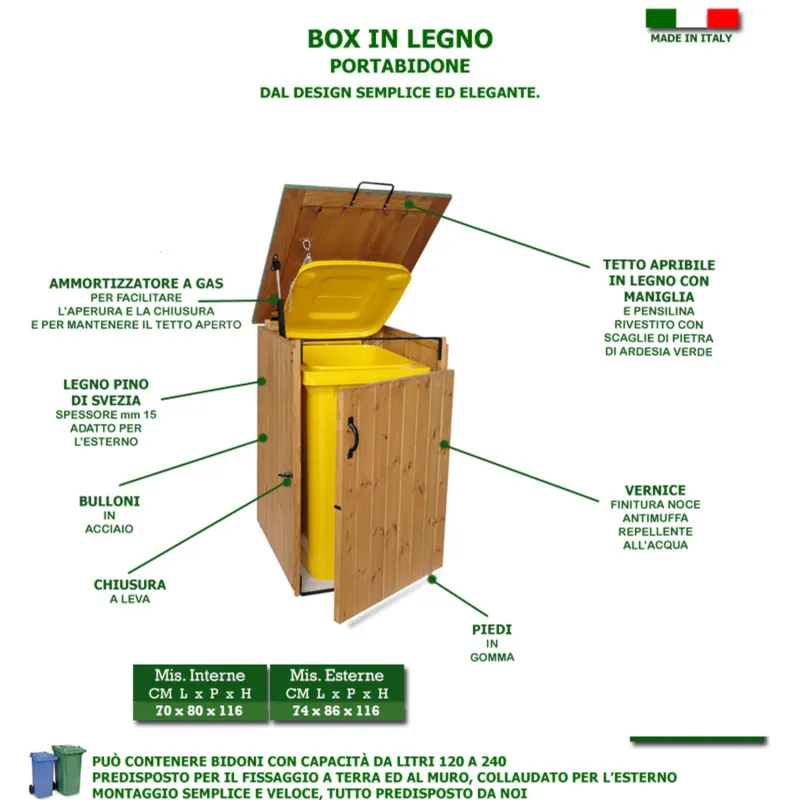 Offerta Porta Bidone BOX in legno 70x80xh116 cm con tetto verde Original Legno