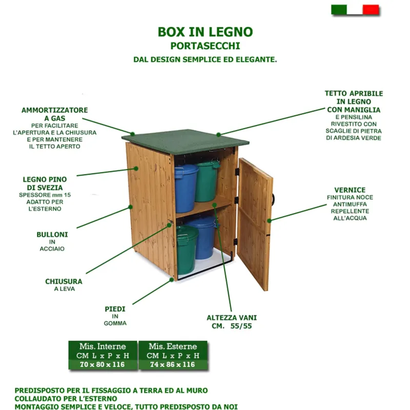 Porta secchi BOX in legno 70x80xh116 cm con tetto verde Original Legno Professionale