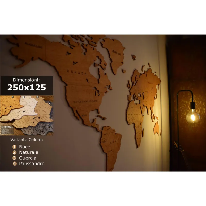 Subito Disponibile Mappa Da Parete in legno 250x125 con bordi e nomi dei confini vari colori a scelta Sikorka Naturale