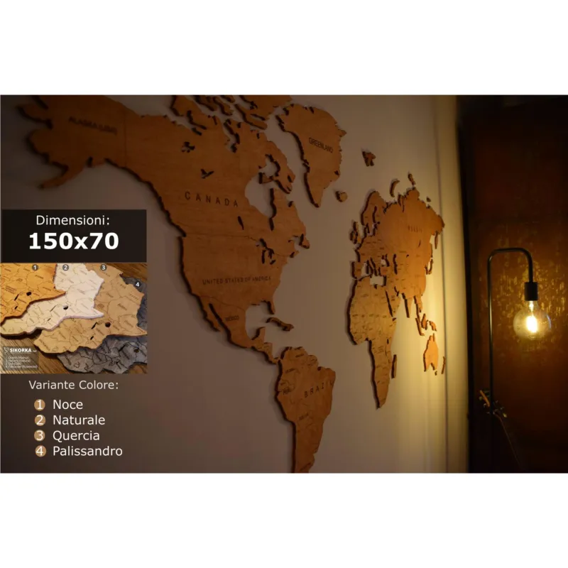 Più Venduto Mappa Da Parete in legno 150x70 con bordi e nomi dei confini vari colori a scelta Sikorka Naturale