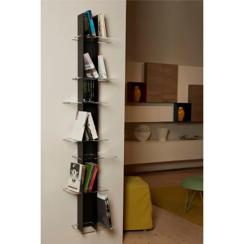Saldi Libreria da Parete verticale Fissaggio a parete ELIB 39x23xh 170 cm con struttura in metallo verniciato NERO ripiani in metacrilato trasparente Emporium