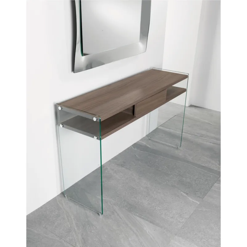 Acquista Ora Consolle con cassetto MAYA dimensioni 120x36x77h cm peso 36 kg, realizzata in legno ecologico da 25 mm e fianchi in vetro temperato da 10 mm Pezzani srl Cemento, Trasparente