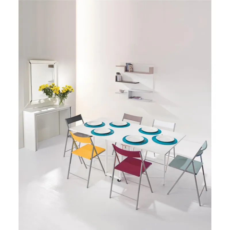 Composizione Archimede con Consolle, tavolo Archimede chiudibile Dimensioni Aperto 170x90x73h cm - Chiuso 90 x 34 x 73h cm e sei sedie - Pezzani srl Bianco Opaco, Cromata, Bianco Opaco Pagamento Sicuro