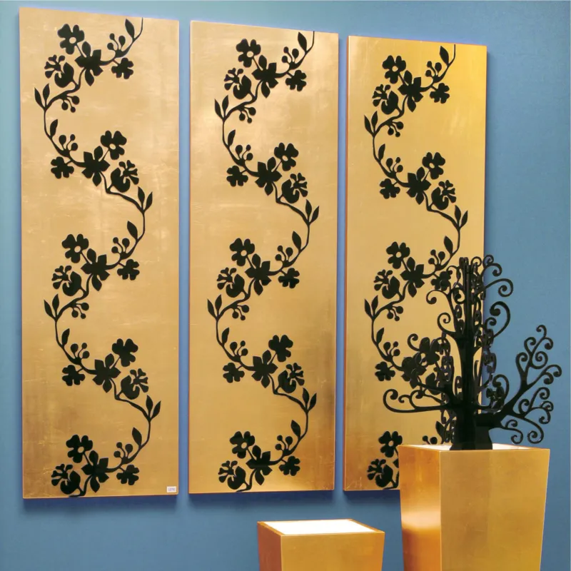 Promo Stagionale Pannelli da parete tris SAKURA 75xh120cm in legno colore oro intarsi in legno colore nero I Dettagli