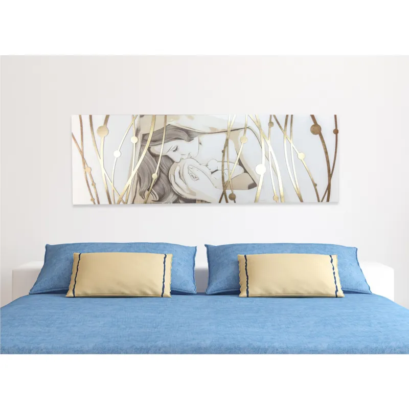 Pannello da parete orizzontale, quadro capezzale letto DEA 150xh50 base in pannello legno colore bianco opaco intarsi con intarsi in Foglia oro I Dettagli Acquista Ora