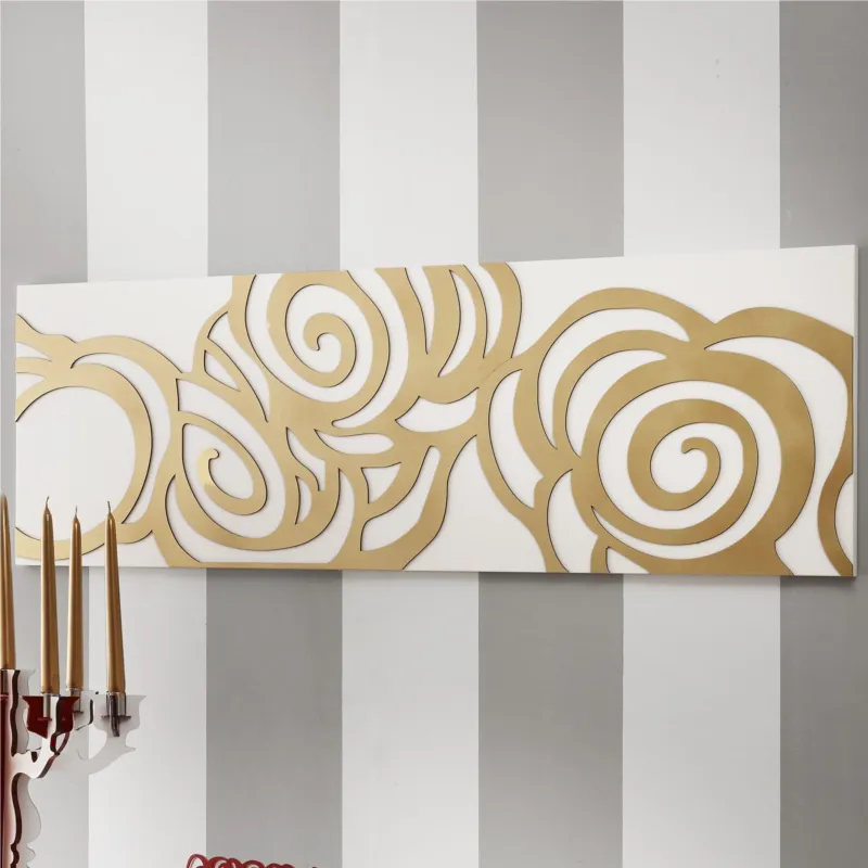 Pannello da parete, quadro da parete ROSES 120xh40cm orizzontale pannello colore bianco intarsi in legno foglia oro I Dettagli Compra Online