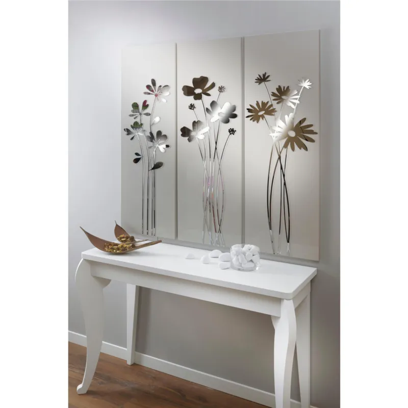 Ordina Subito Pannello da parete, quadro da parete TRIS FIORI DEL RE 120xh120cm pannello legno colore sabbia intarsi in plexiglass specchio I Dettagli