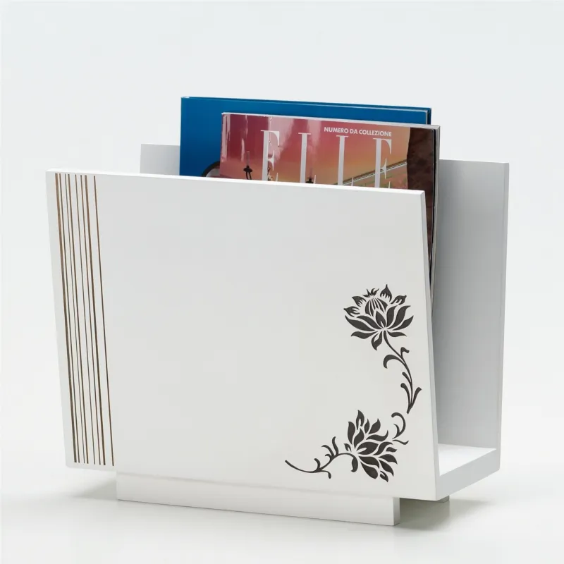 Portariviste Rettangolare Linee e Fiori 32x22xh40 cm in Legno bianco marcatura colore cacao I Dettagli Scelto Dai Clienti