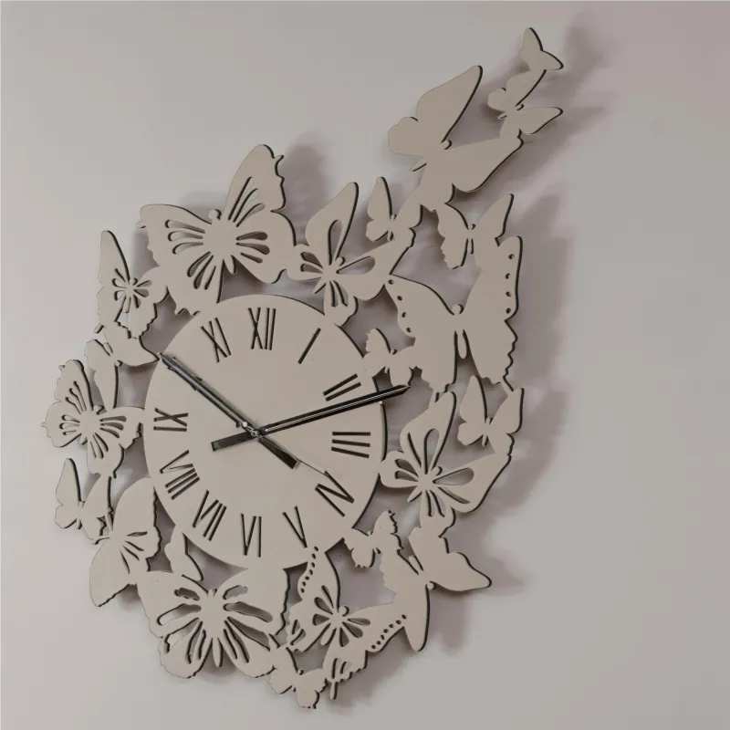 Compra Adesso Orologio da parete Rotondo diametro 80 cm in legno VOLO DI FARFALLE tagliato al laser in legno laccato ghiaia I Dettagli
