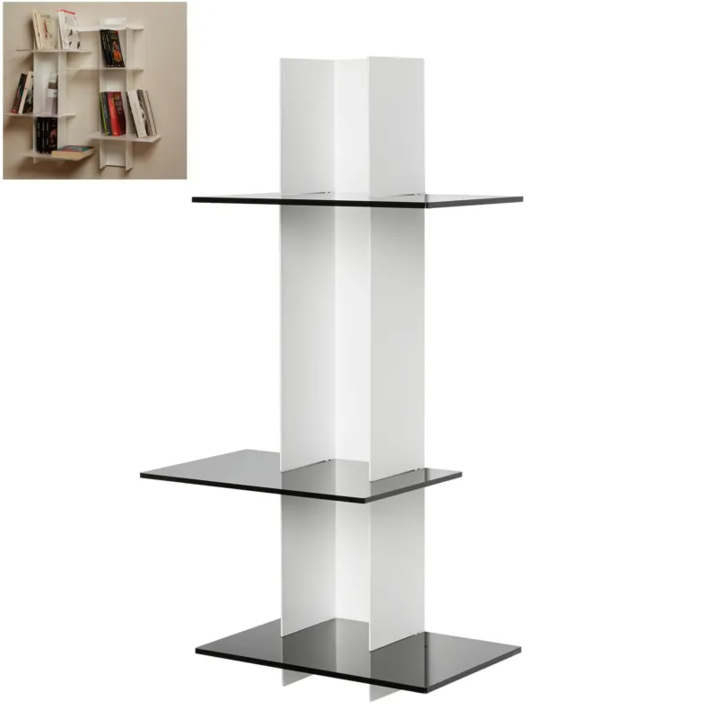 Affare Libreria da parete ELIB3 Dimensioni 39x21xh70 cm Struttura in metallo verniciato bianco ripiani metacrilato grigio fumè Emporium