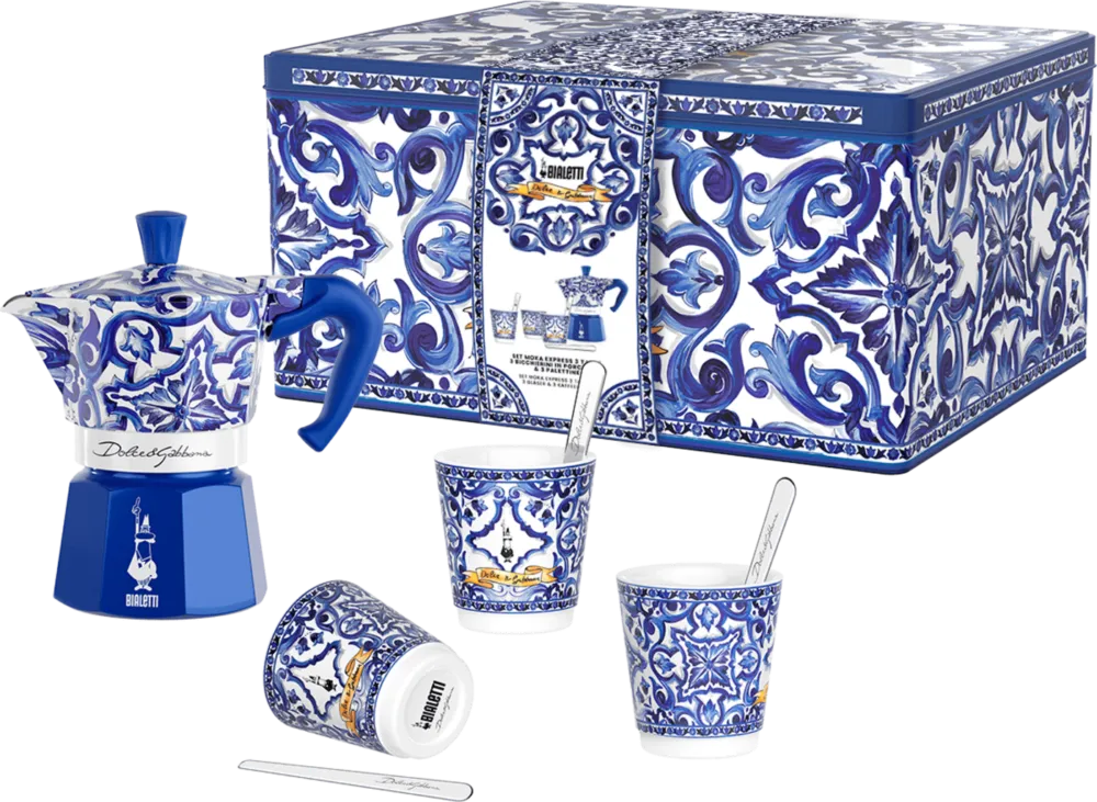 Dolce&Gabbana - Blu Mediterraneo - Set Moka Express 3 Tazzine + 3 Bicchierini e Palettine Argentate Compra Oggi Stesso