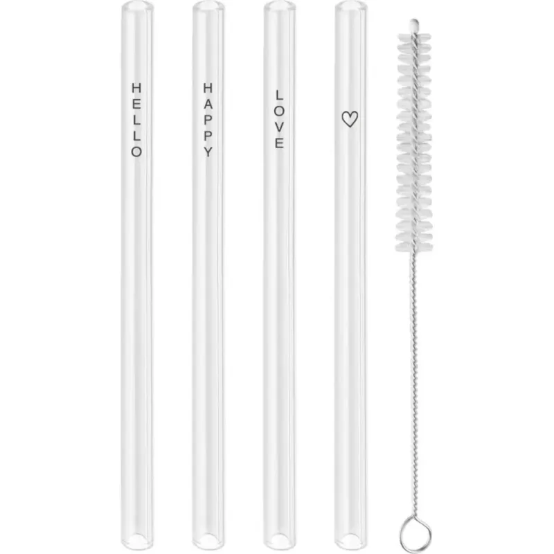 Cannucce in Vetro con Stampa in Nero, 13 cm Set da 4,Hello Happy Love Must-Have