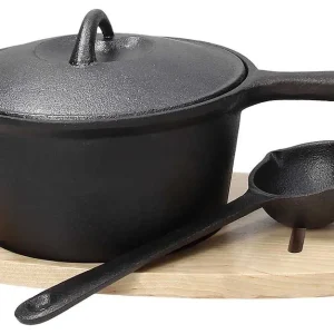 Popolare Casseruola con coperchio + sottopentola legno 17 cm x H 9 cm Ghisa Nero