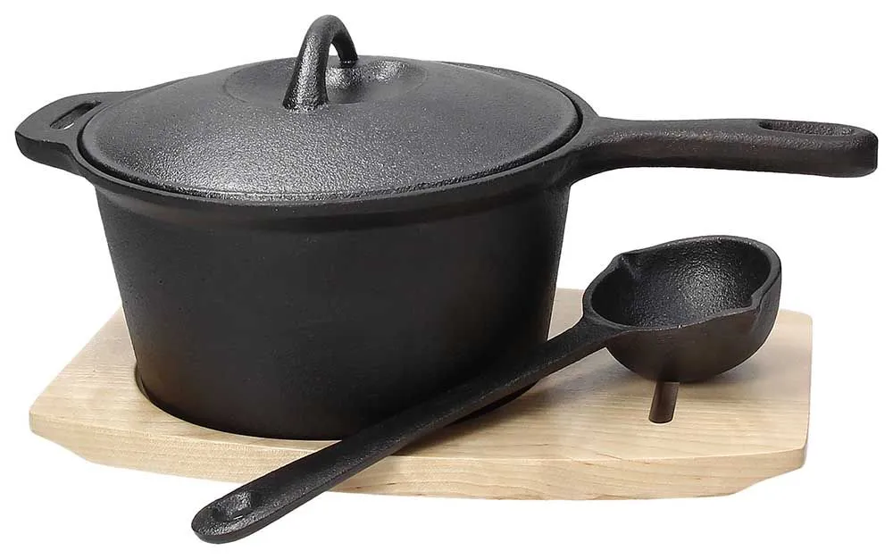 Popolare Casseruola con coperchio + sottopentola legno 17 cm x H 9 cm Ghisa Nero