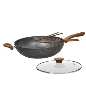 Promozione Wok con coperchio + griglia e bastoncini Alluminio Nero