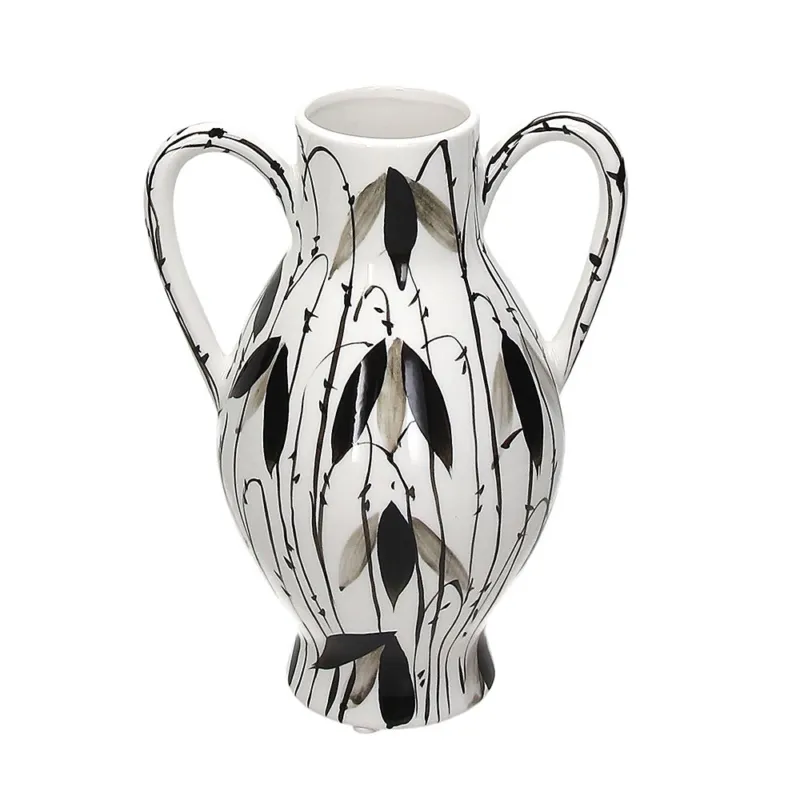 Vaso anfora decorato a mano h 23 Leaves Ceramica Bianco Super Prezzo