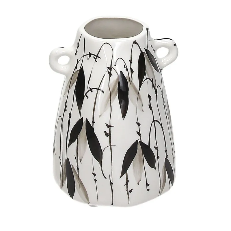 Vaso c/manici decorato a mano h 18 Leaves Ceramica Bianco Prezzo Conveniente