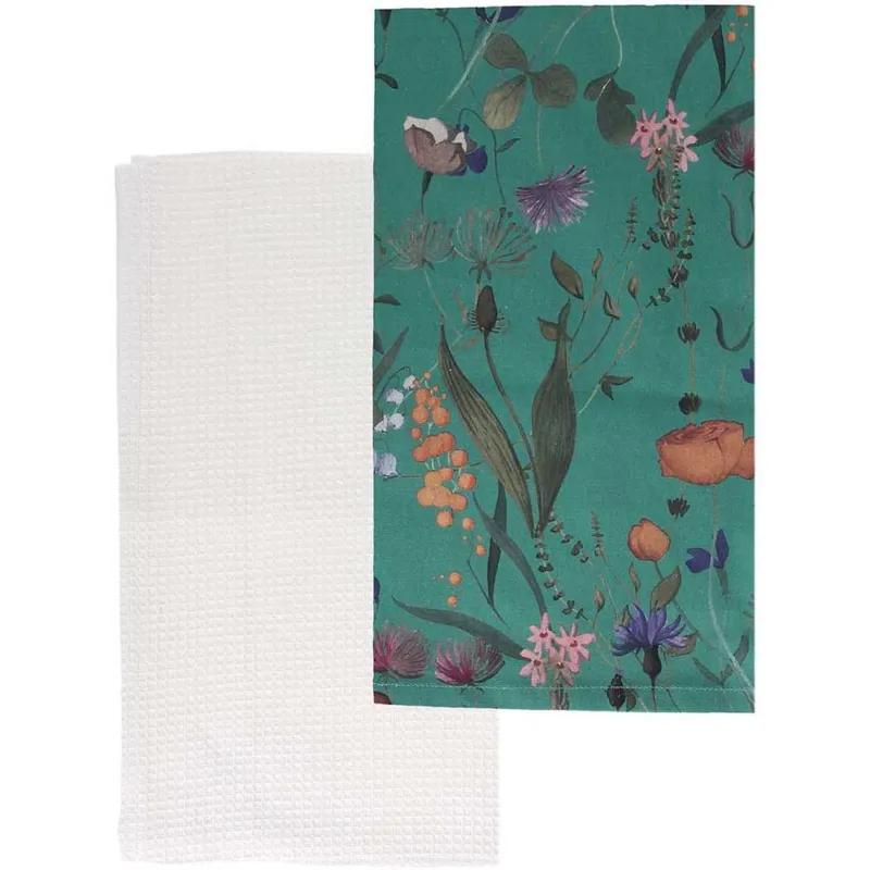 Esclusivo Set 2 strofinacci cm 50x70 bianco - verde scuro Flora Cotone Multicolor