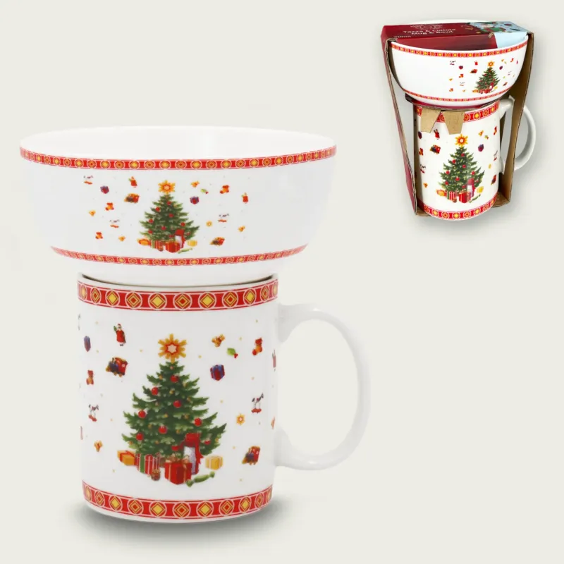 A Buon Prezzo Set Tazza E Ciotola Christmas Tree In Porcellana