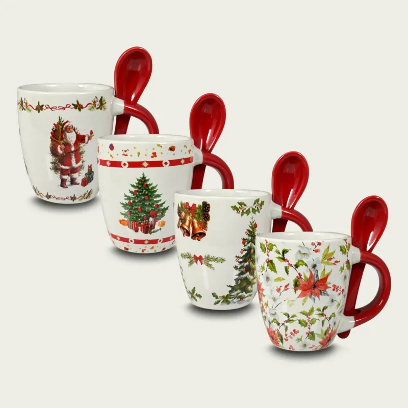 Prezzo Conveniente Set 4 Tazze Caffè Con Cucchiaino Christmas