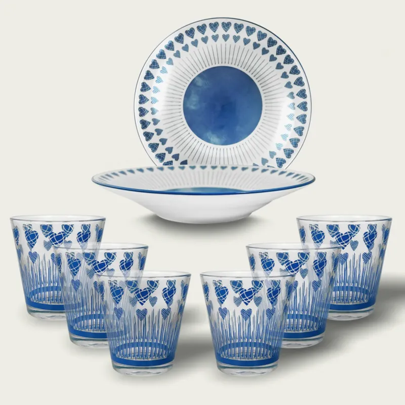 Professionale Set 6 Bicchieri Cuoricini In Vetro 25Cl,set-piu-conveniente-6-bicchieiri-e-12-piatti-blu