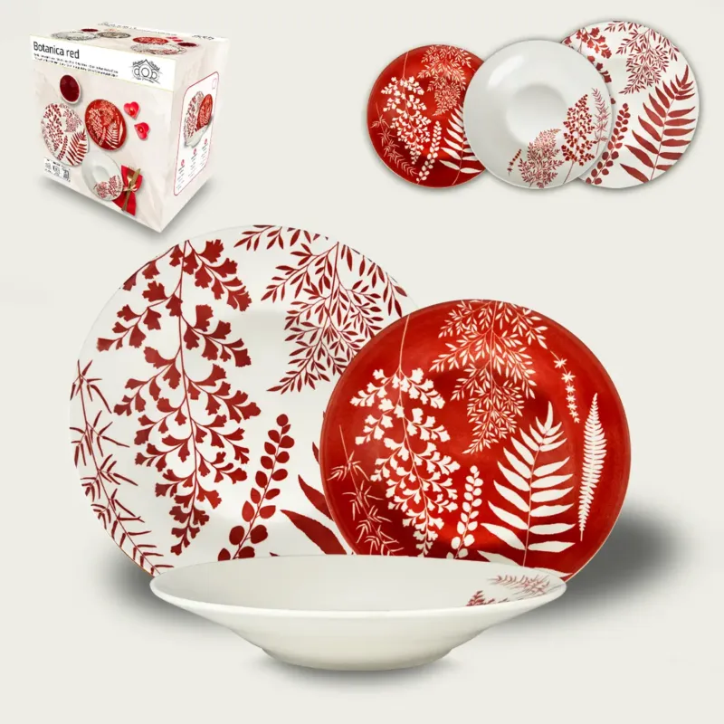Set 18 Piatti Botanica In Porcellana,rosso Spedizione Espresso