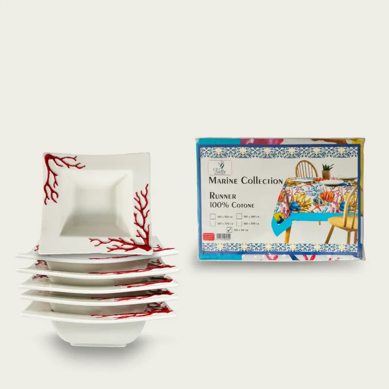 Offerta Speciale Set 6 Ciotole Quadrate In Porcellana e Runner Mediterranea