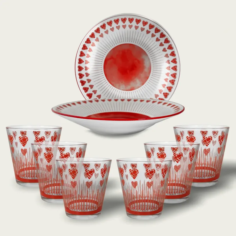 Set 6 Bicchieri Cuoricini In Vetro 25Cl,set-piu-conveniente-6-bicchieiri-e-12-piatti-rosso Professionale