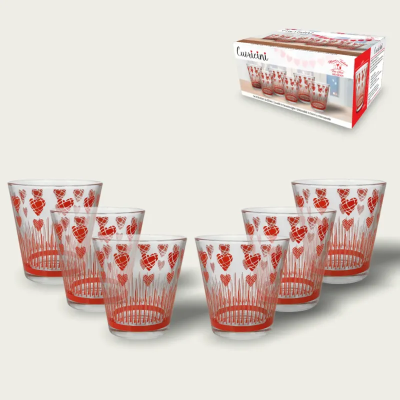 Set 6 Bicchieri Cuoricini In Vetro 25Cl,rosso Novità