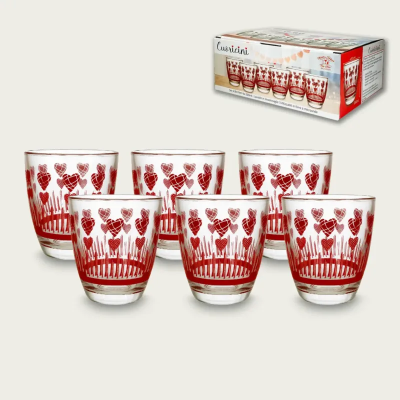 Prezzo Scontato Set 6 Bicchieri Cuoricini Bombato In Vetro 25Cl,rosso