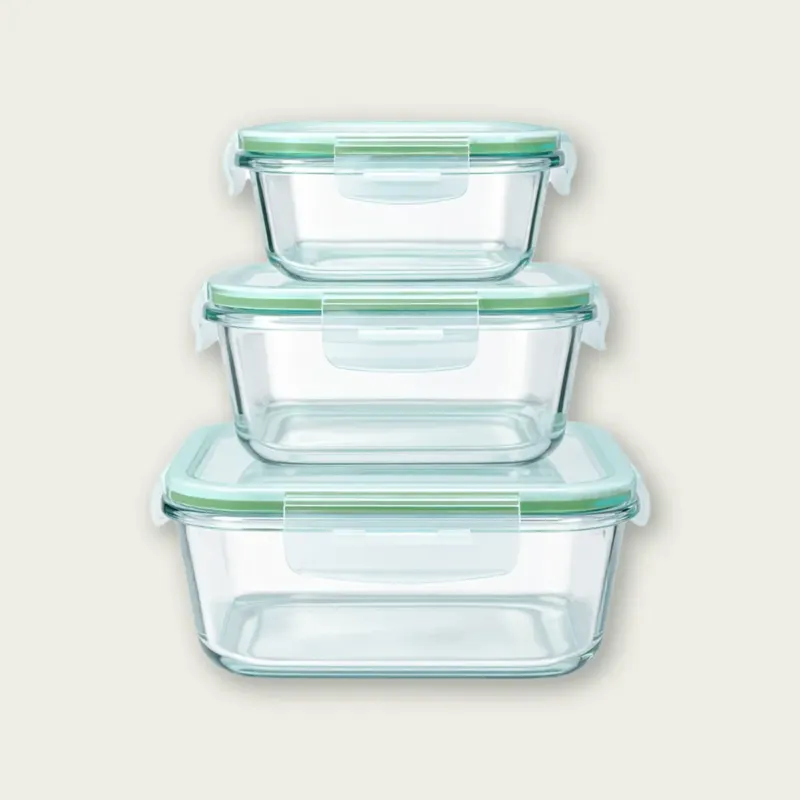 Esclusivo Set 3 Contenitori Rettangolari Ermetiko Con Coperchio In Vetro,verde