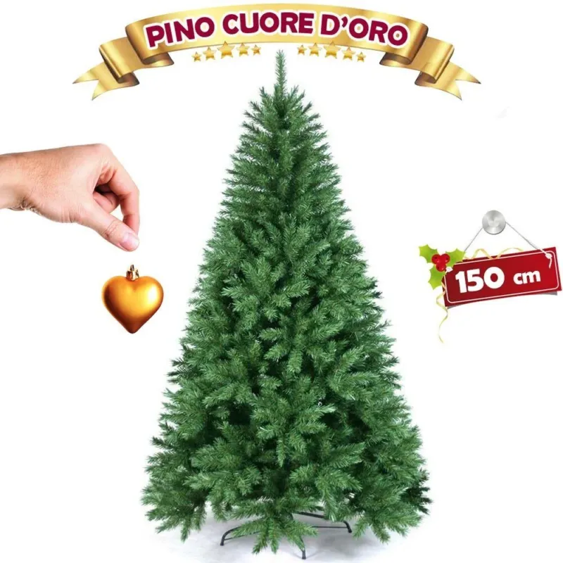Albero di Natale 150 cm Pino Cuore d‘oro Verde Folto 375 Rami Base a croce ferro Quantità Limitata