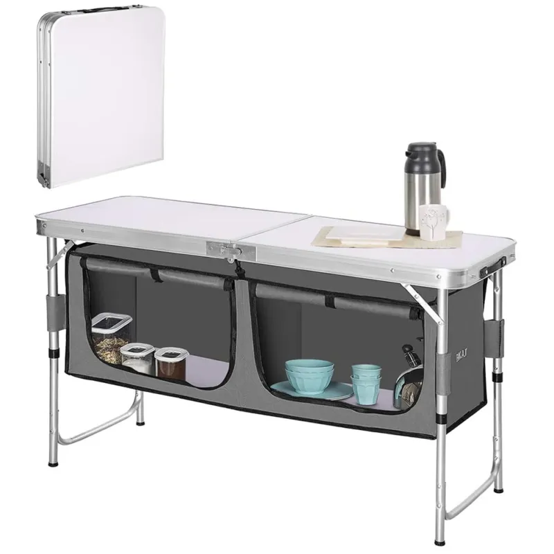 Esclusivo Tavolo Cucina Da Campeggio Pieghevole In Alluminio Ripiano Con 2 Scomparti