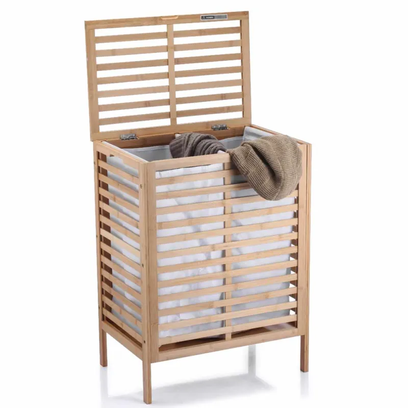 Super Prezzo Cesto Biancheria Sporca in Bambu Tessuto Portabiancheria 2 Scomparti 53x35x71 cm