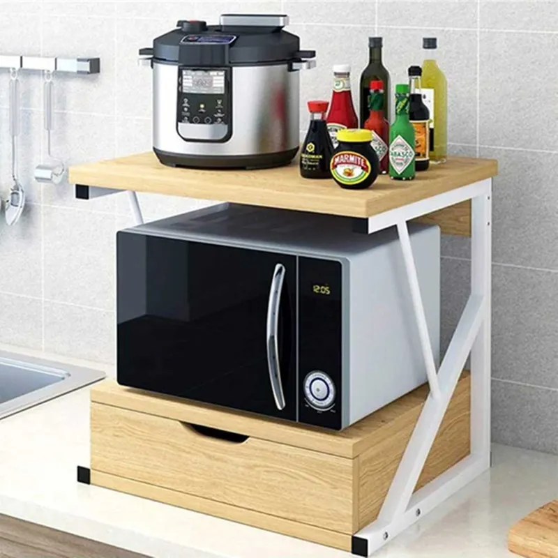 Scaffale Mensola Cucina Mobiletto Porta Microonde Cassetto Metallo Legno Beige Must-Have