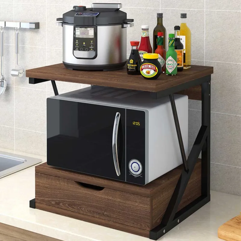 Scaffale Mensola Cucina Mobiletto Porta Microonde Cassetto Metallo Legno Noce Promozione Esclusiva