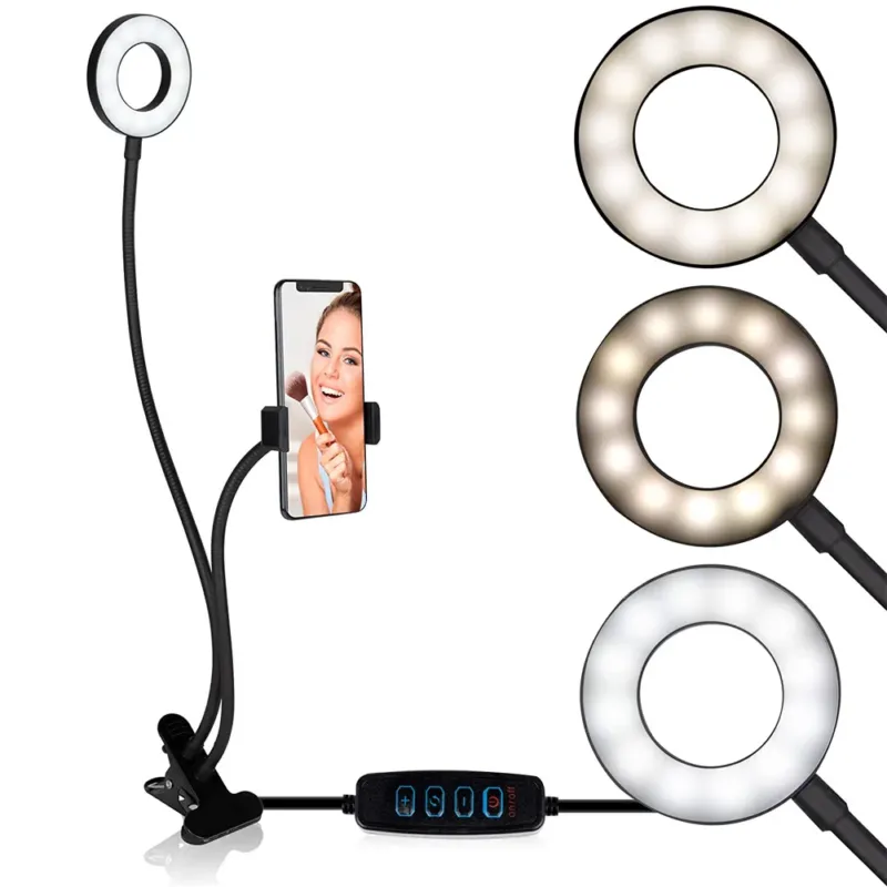 Lampada Led Anello Morsetto da Tavolo Collo Flessibile Video Selfie 3 Intensita‘ Spedito Oggi
