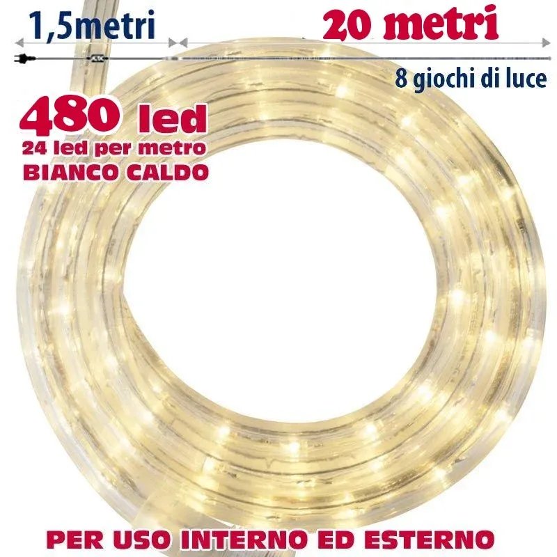 Occasione Imperdibile Tubo Luminoso 20 metri LED Bianco Caldo 480 Luci per interno e per Esterno