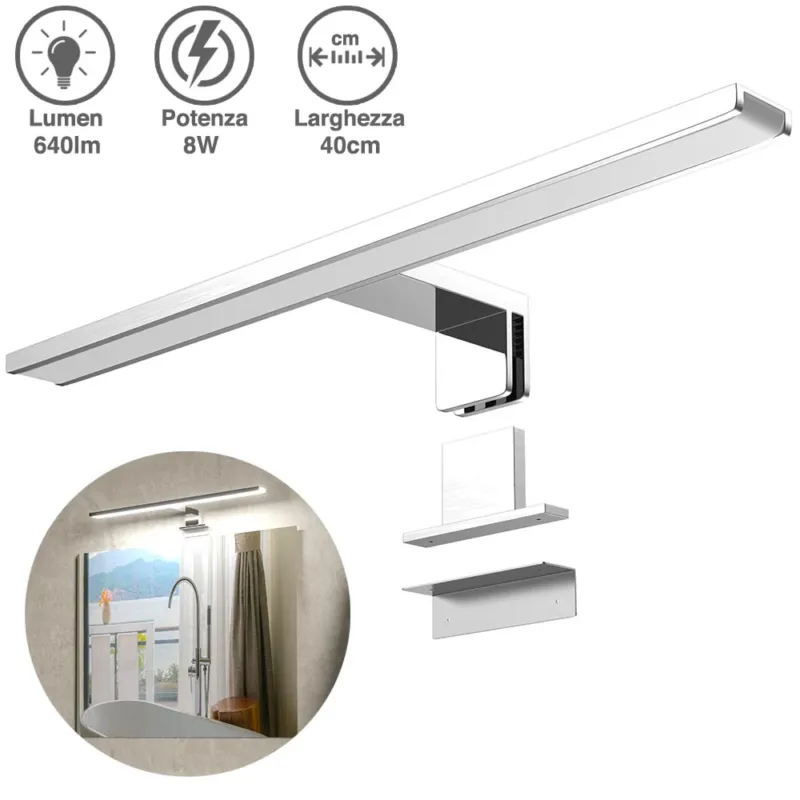 Lampada Specchio Bagno Applique Parete 40cm Luce LED 8W 6500K 640lm in Alluminio Reso Gratuito
